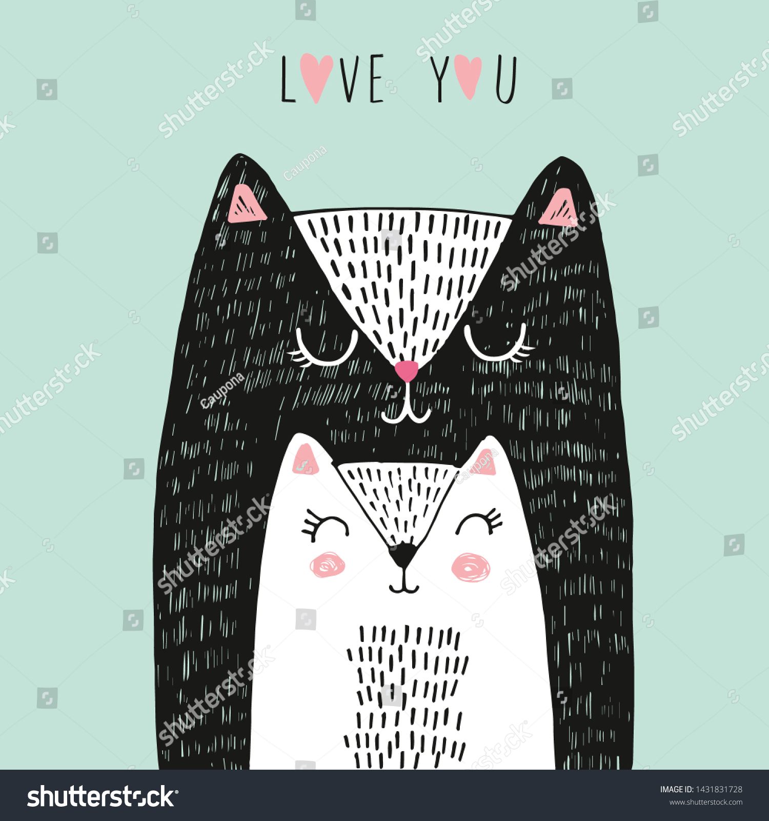 SVG of Vector illustration of two cute black and white cats for mother's day, father's day or valentine's day, hand drawn greeting card with cats in love with lettering love you svg