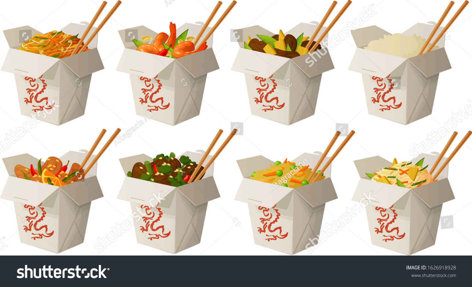 SVG of Vector illustration of various Asian Chinese take out foods in boxes. svg
