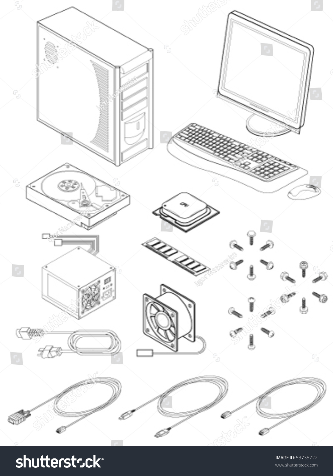 Vector Illustration Various Computer Parts Accessories Stock