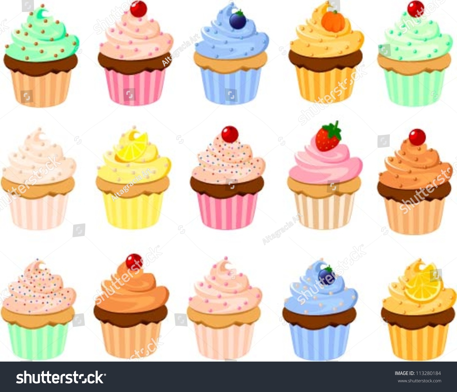 SVG of Vector illustration of various cup cakes with toppings. svg