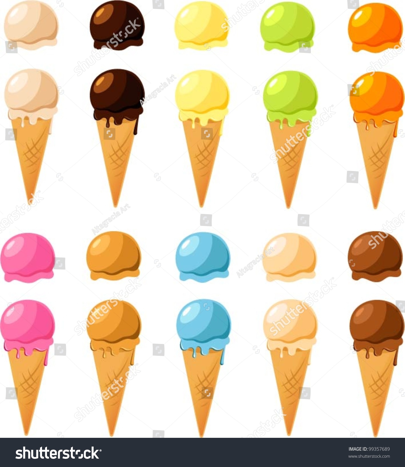 Vector Illustration Of Various Ice Cream Cones Plus Additional Scoops ...