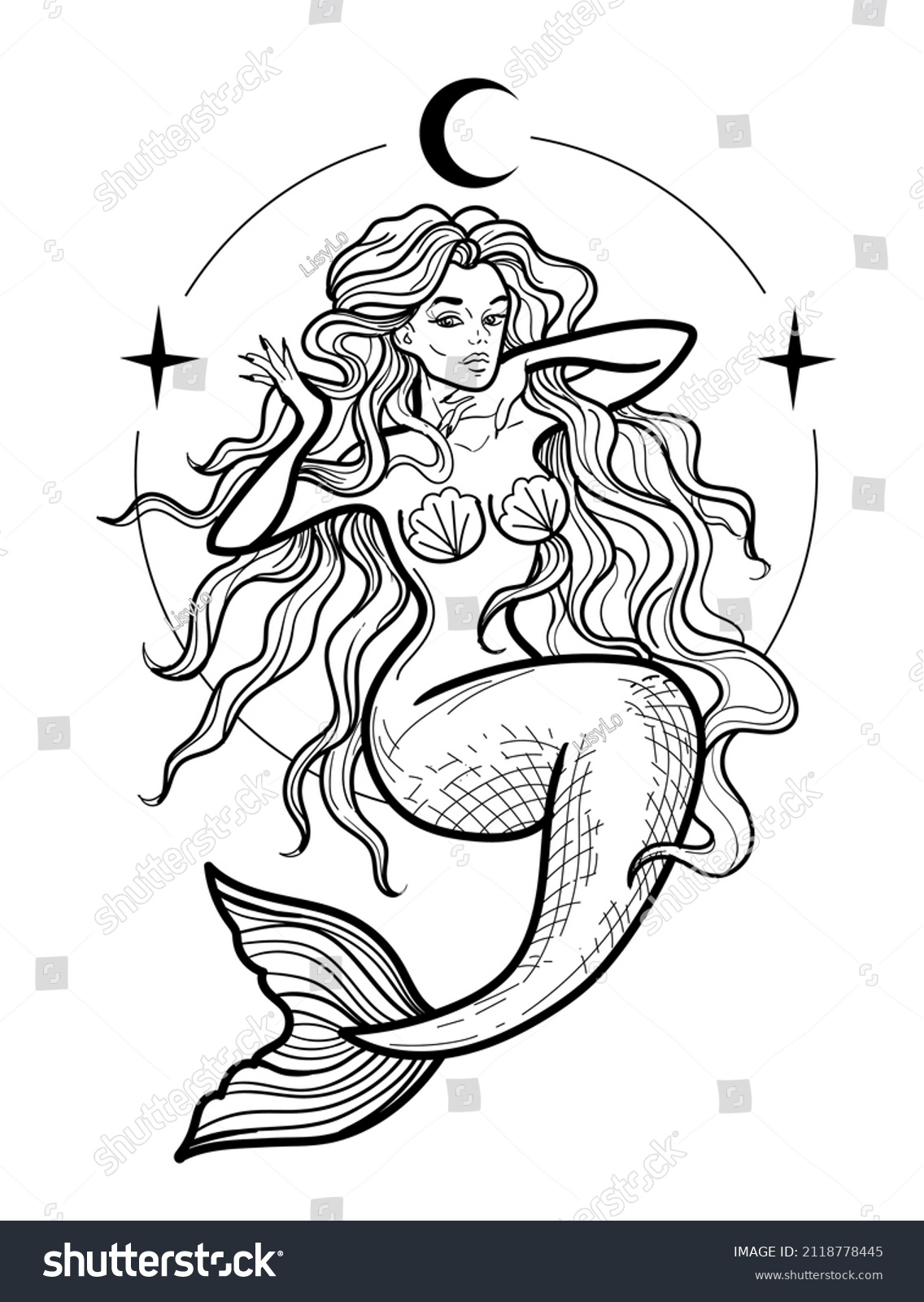 Vector Illustration Vintage Mermaid Moon Stars Stock Vector (Royalty ...