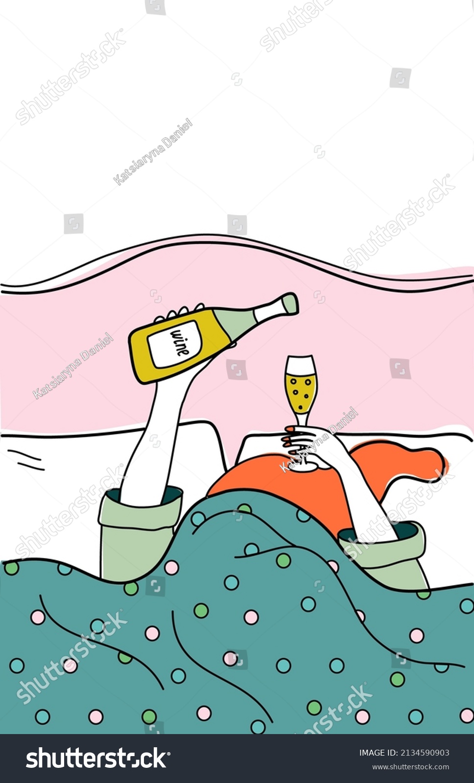 SVG of Vector illustration of woman in pajamas lying in bed with glass of prosecco and bottle. Wine party, good morning, relaxing and holiday concept. svg