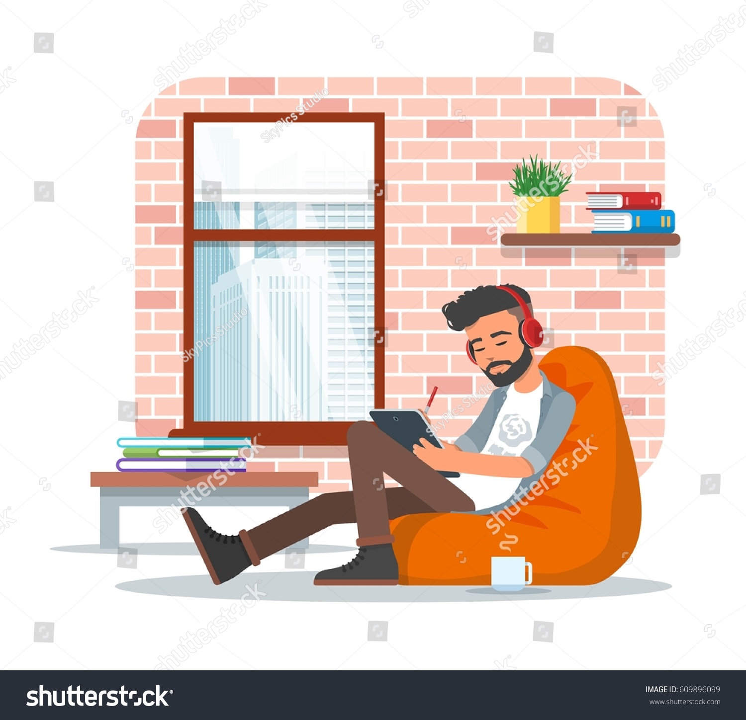 Vector Illustration Young Man Sitting Bean Stock Vector Royalty