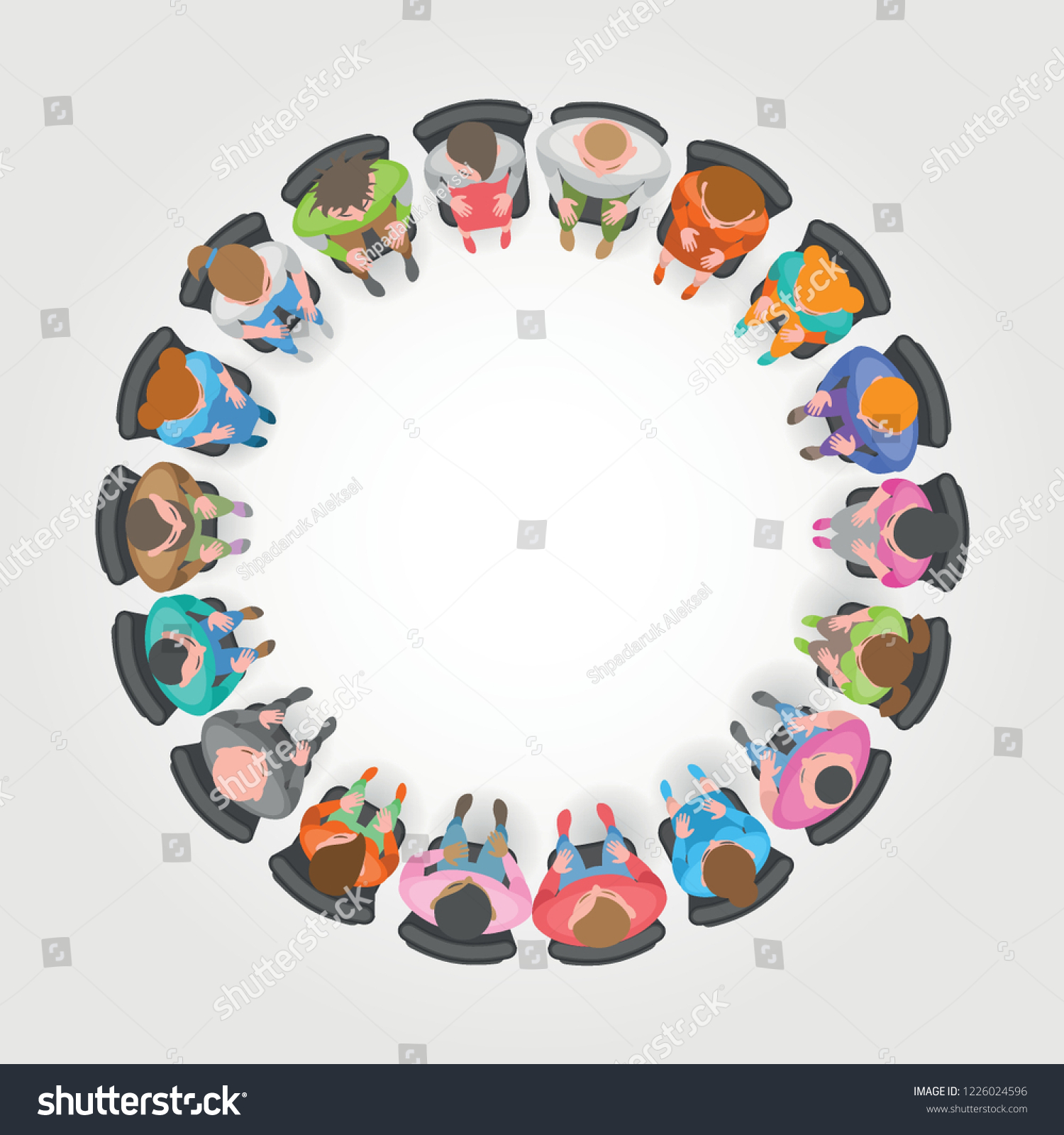 SVG of Vector illustration. People sit in a circle. Top view. Different men and women are sitting in chairs. View from above. svg