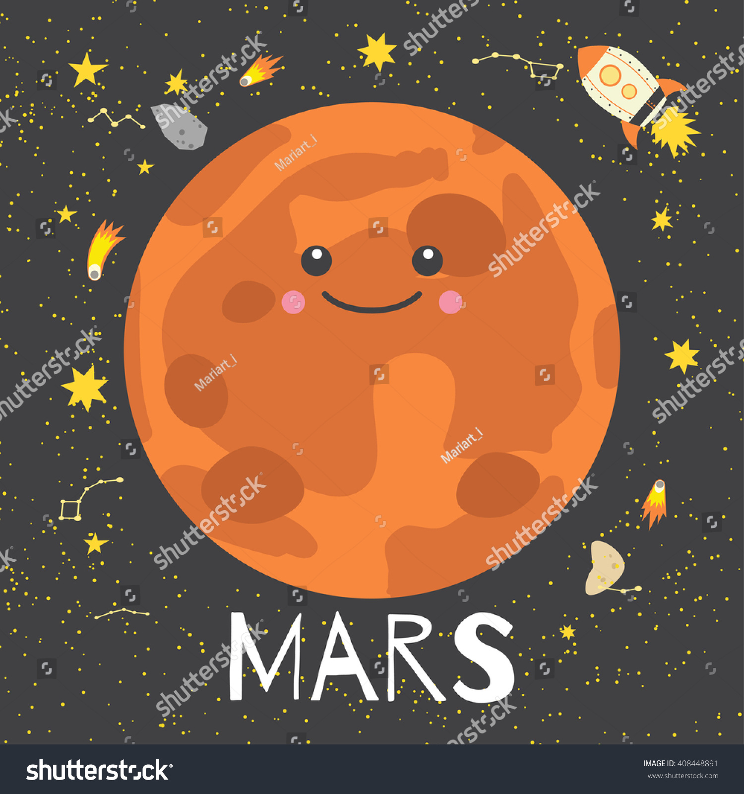 Vector Illustration Planet Mars In Retro Flat Cartoon Style. Poster For ...