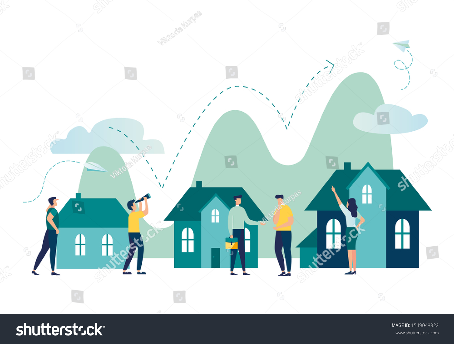 SVG of Vector illustration, Real estate business concept with houses, rising real estate market, increasing the value of houses and square meters vector svg