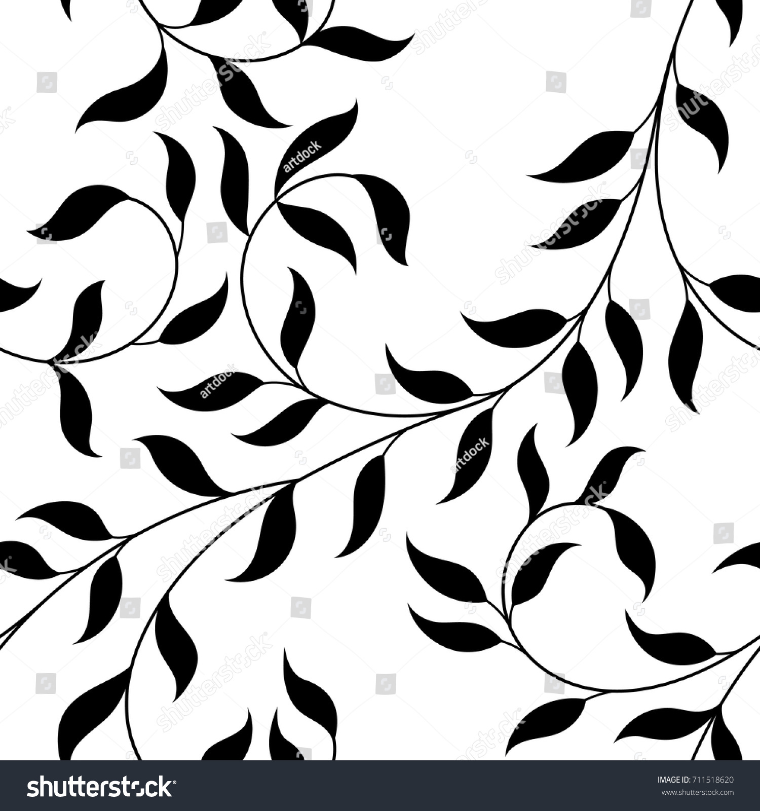 ベクターイラスト シームレスな模様 白黒の装飾的な巻き毛の枝と葉 のベクター画像素材 ロイヤリティフリー
