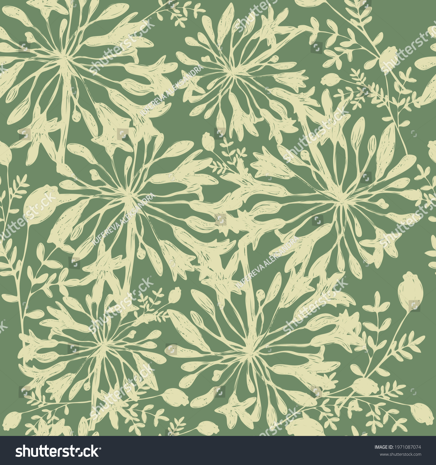 SVG of vector illustration seamless pattern,light green agapanthus flowers on a dark green background,branches of grass and a box of poppy,for wallpaper,fabric or furniture svg