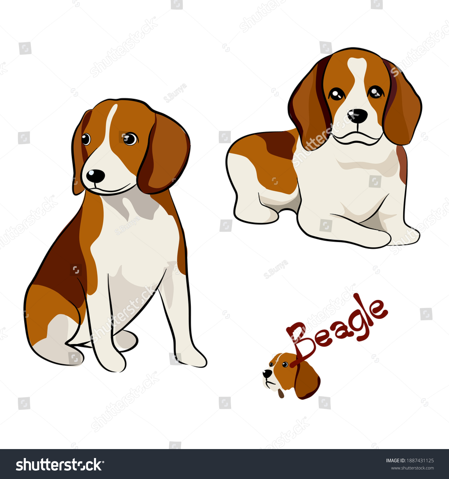 異なるポーズのビーグル犬のベクターイラストセット 白い背景に手描きの画像 のベクター画像素材 ロイヤリティフリー
