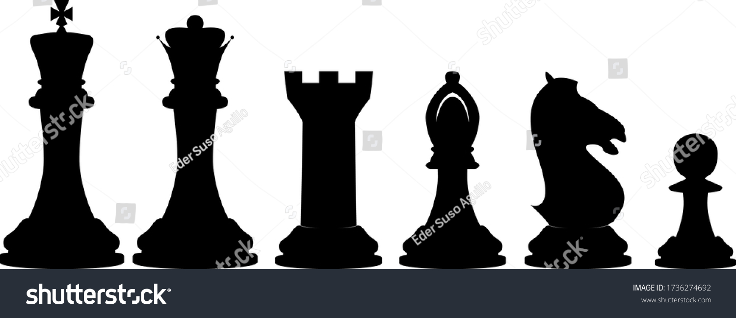 SVG of Vector illustration set of chess pieces, blacks and whites, contains all pieces: king, queen, tower, bishop, knight and pawn. Only silouethes. svg