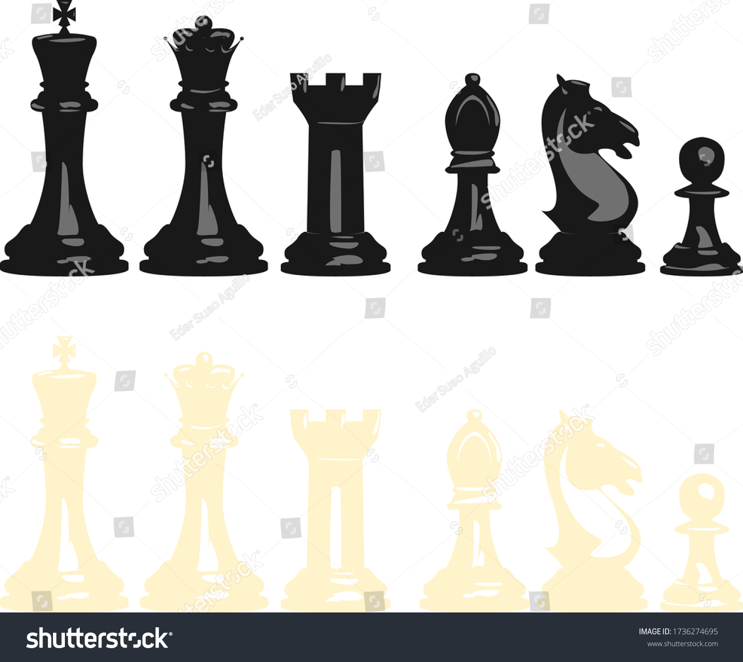 SVG of Vector illustration set of chess pieces, blacks and whites, contains all pieces: king, queen, tower, bishop, knight and pawn. svg
