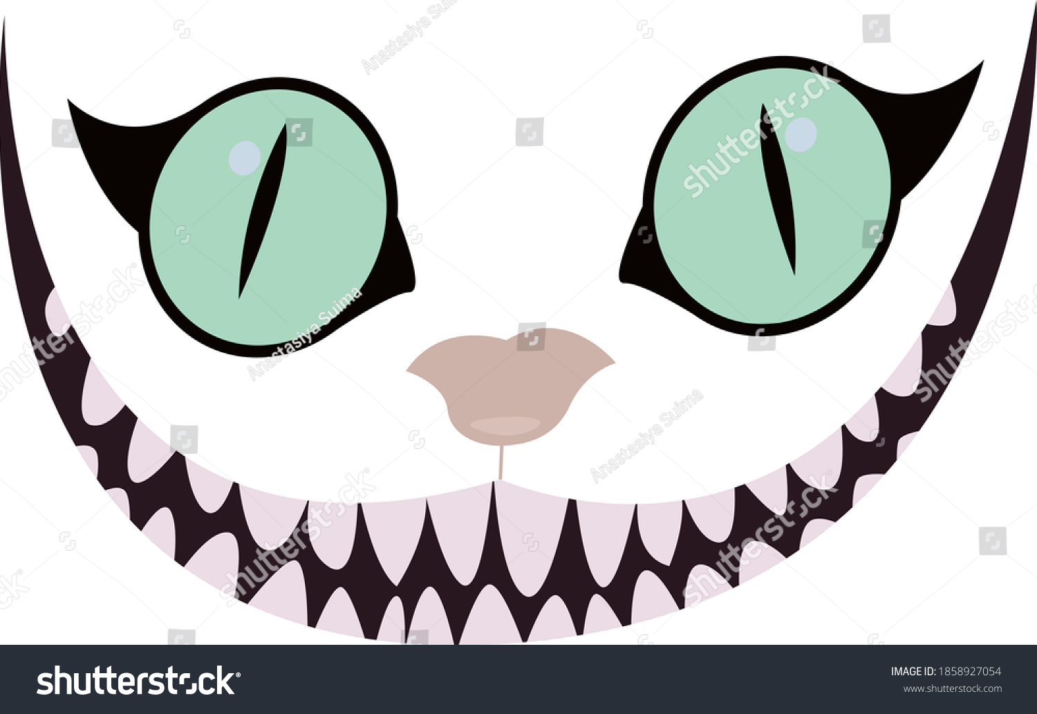 SVG of vector illustration, smile, Cheshire cat, eyes, teeth, mouth. Alice in Wonderland. The face of the cat. The head of a cat with a big mustache. Cheshire cat smile.  svg