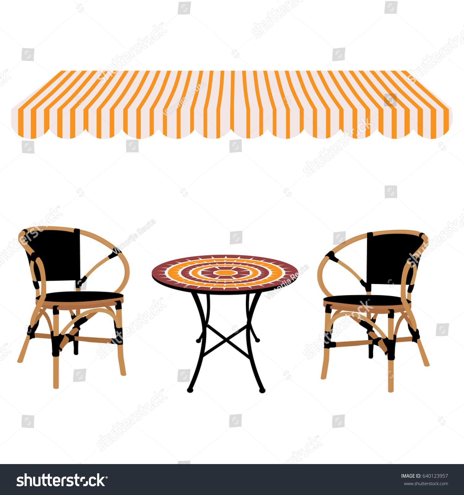 SVG of Vector illustration striped shop window awning round table and bamboo chairs icon.  Restaurant furniture svg