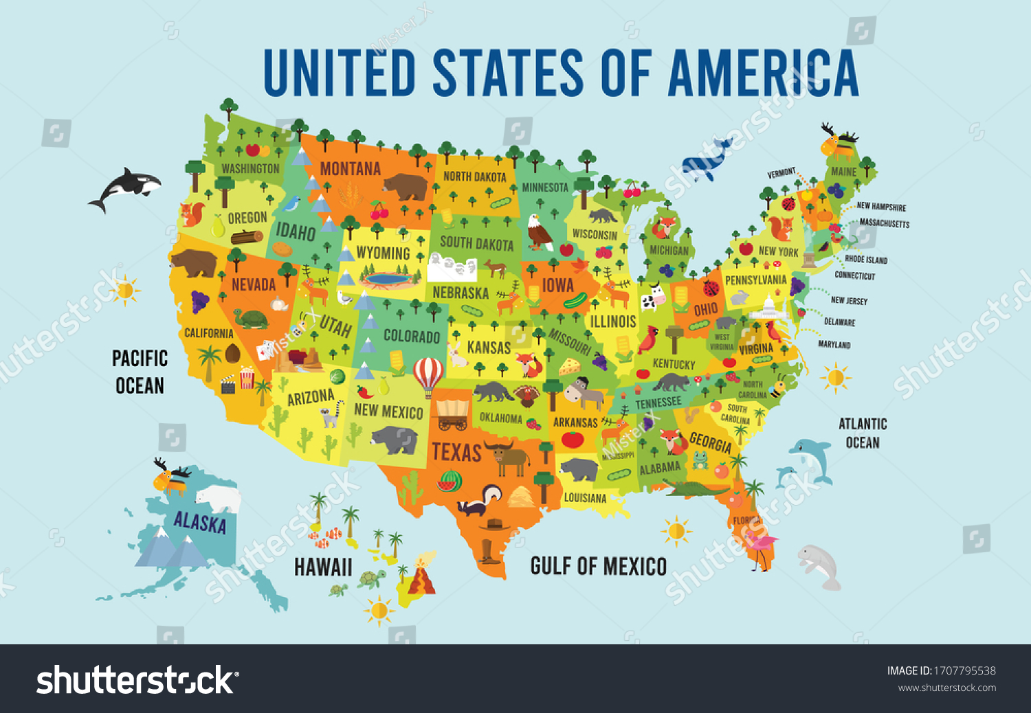 628 Kids United States Map Images Stock Photos Vectors Shutterstock   Stock Vector Vector Illustration United States Of America Flat Design 1707795538 