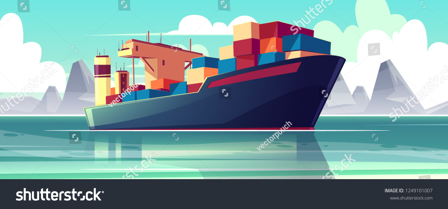 SVG of Vector illustration with a dry-cargo ship at sea, ocean. Commerce shipping, delivery of goods. Cartoon bulk-carrier on mountain background. Nautical boat, a marine vessel with metal containers. svg