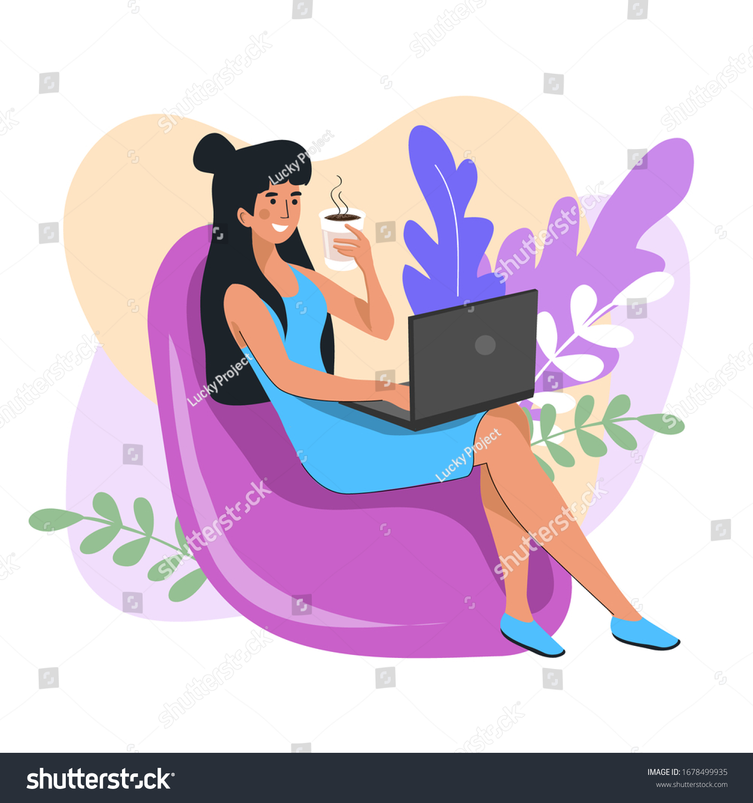 Vector Illustration Girl Sitting Computer Holding Stock Vector (Royalty ...