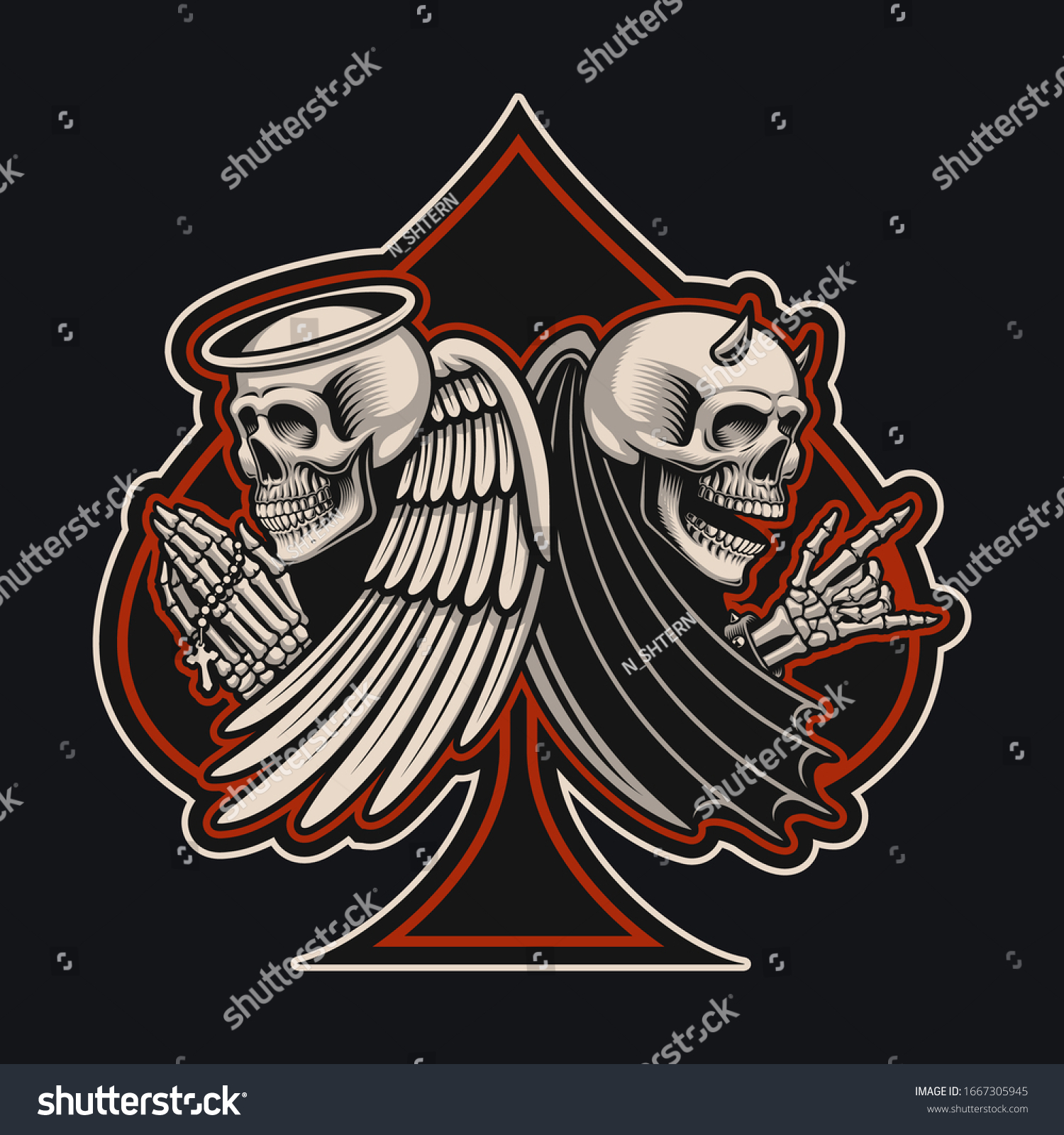 SVG of Vector illustration with an angel and devil skeletons in tattoo style. This design is perfect for apparel design and many other uses. svg