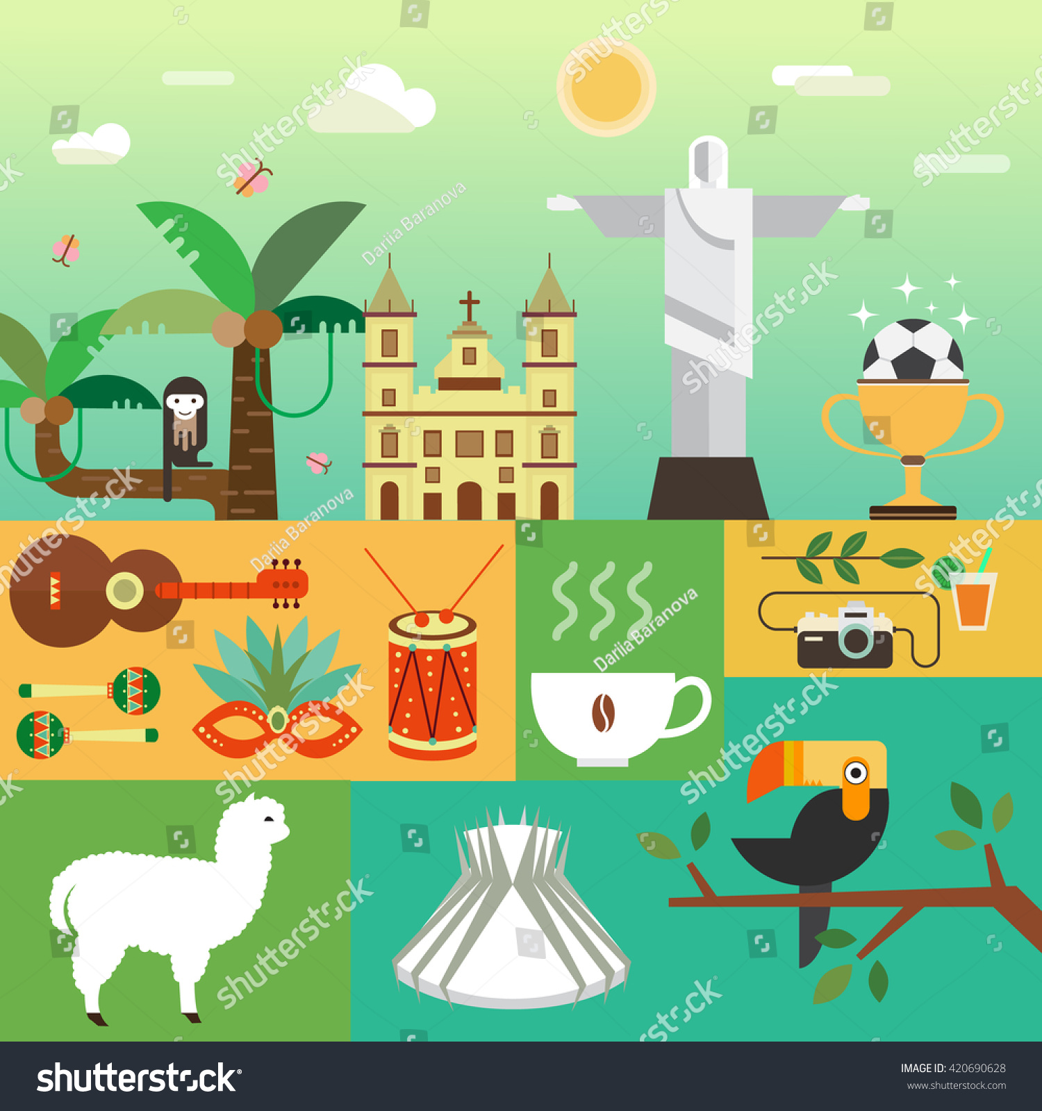 SVG of Vector illustration with Brazil symbols  made in modern flat style. Banner Travel to Brazil concept. Flat icons arranged in square. svg
