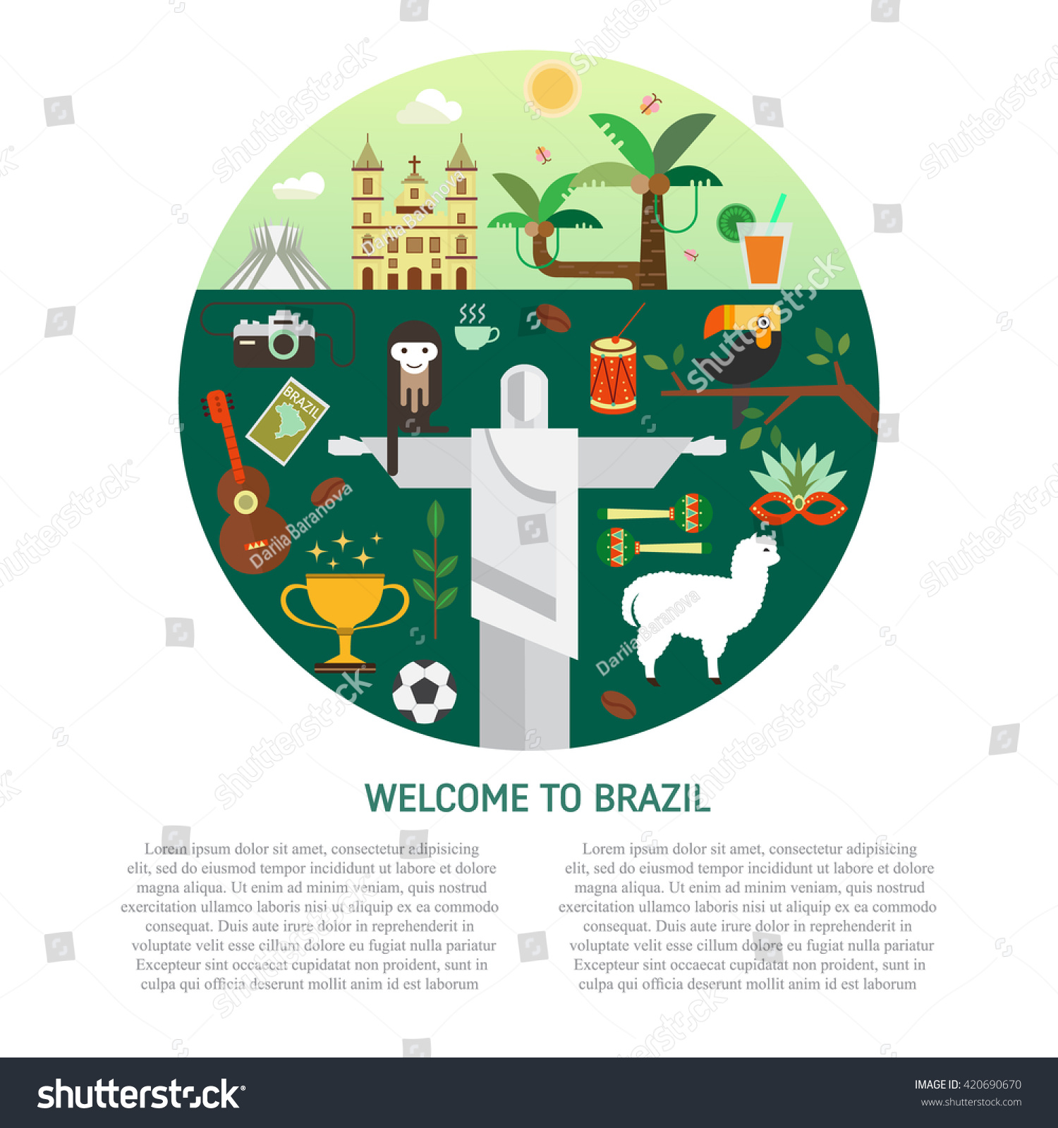 SVG of Vector illustration with Brazil symbols  made in modern flat style. Travel to Brazil concept. Flat icons arranged on circle and place for your text. svg