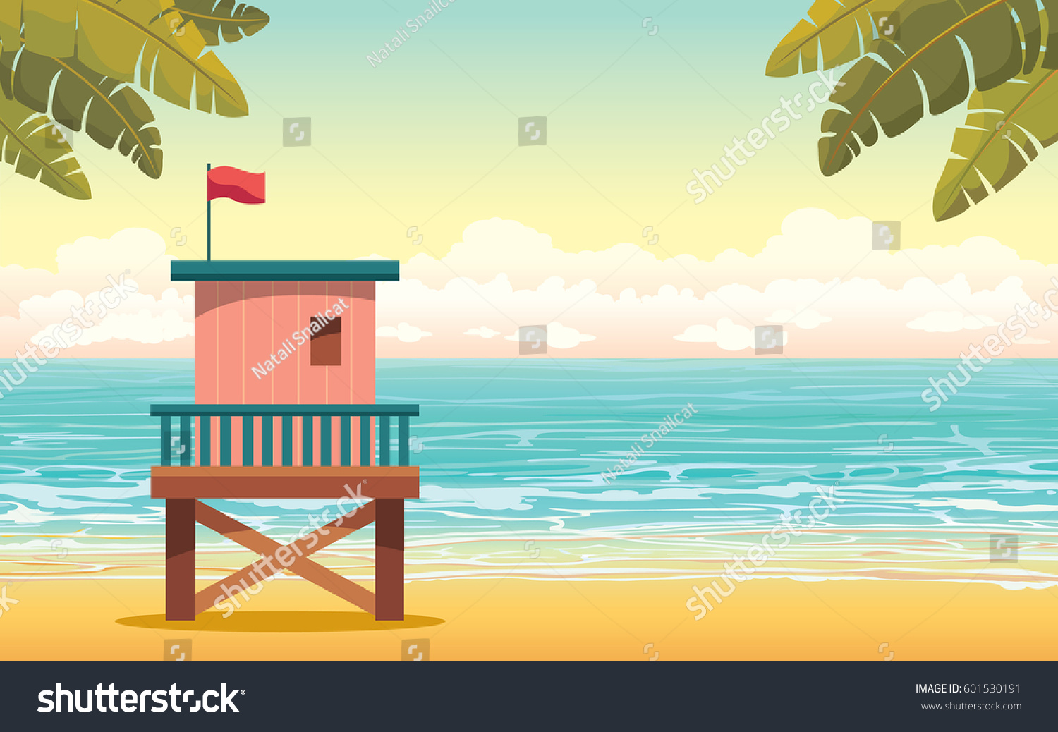 SVG of Vector illustration with cartoon lifeguard station on a beach and blue sea with cloudy sky. Summer tropical landscape. svg
