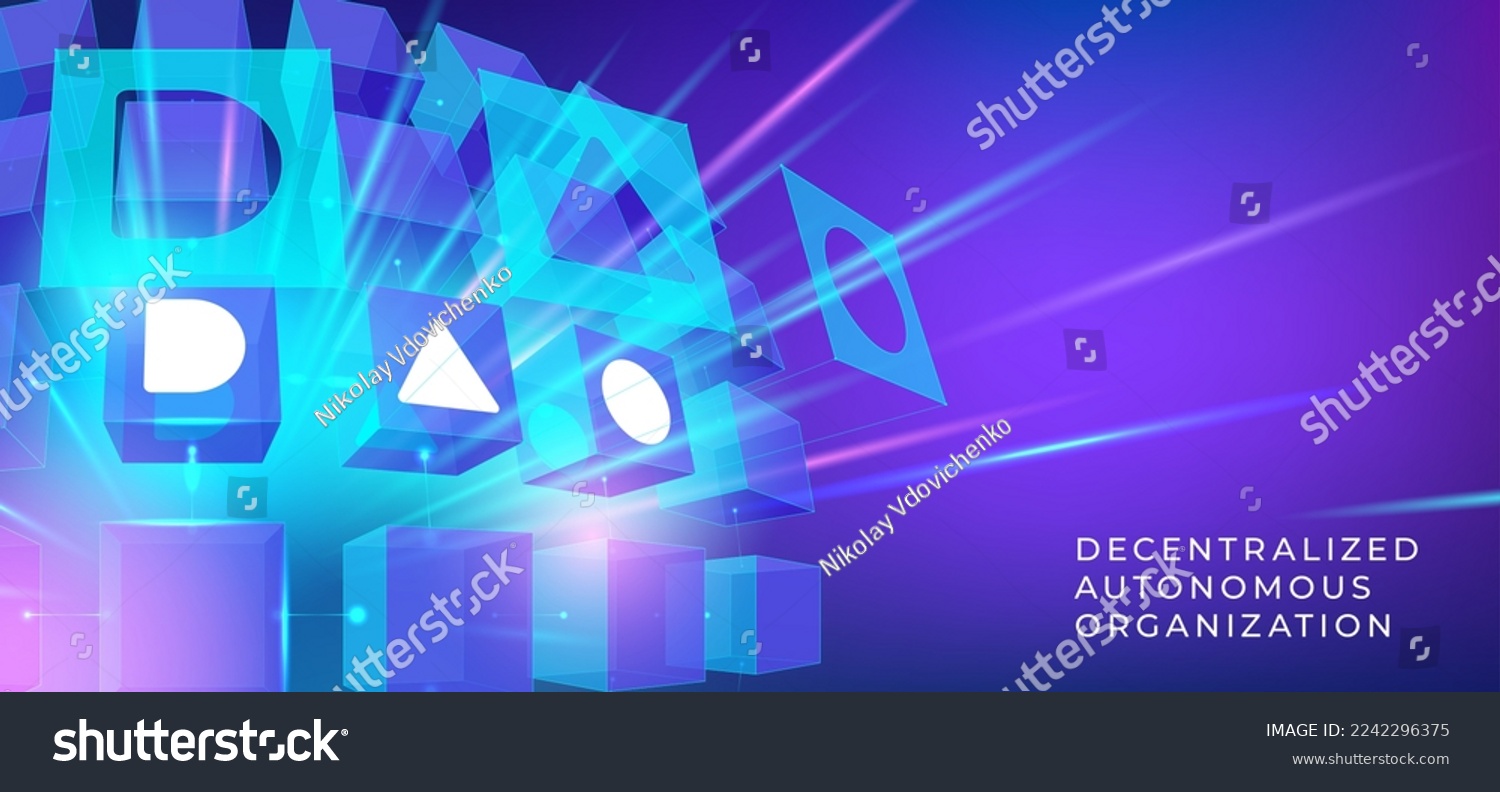 SVG of Vector illustration with DAO typography. Concept of Decentralized Autonomous Organisation, smart contract, cryptocurrency, blockchain technology for infographics, banner, wallpaper, background. svg