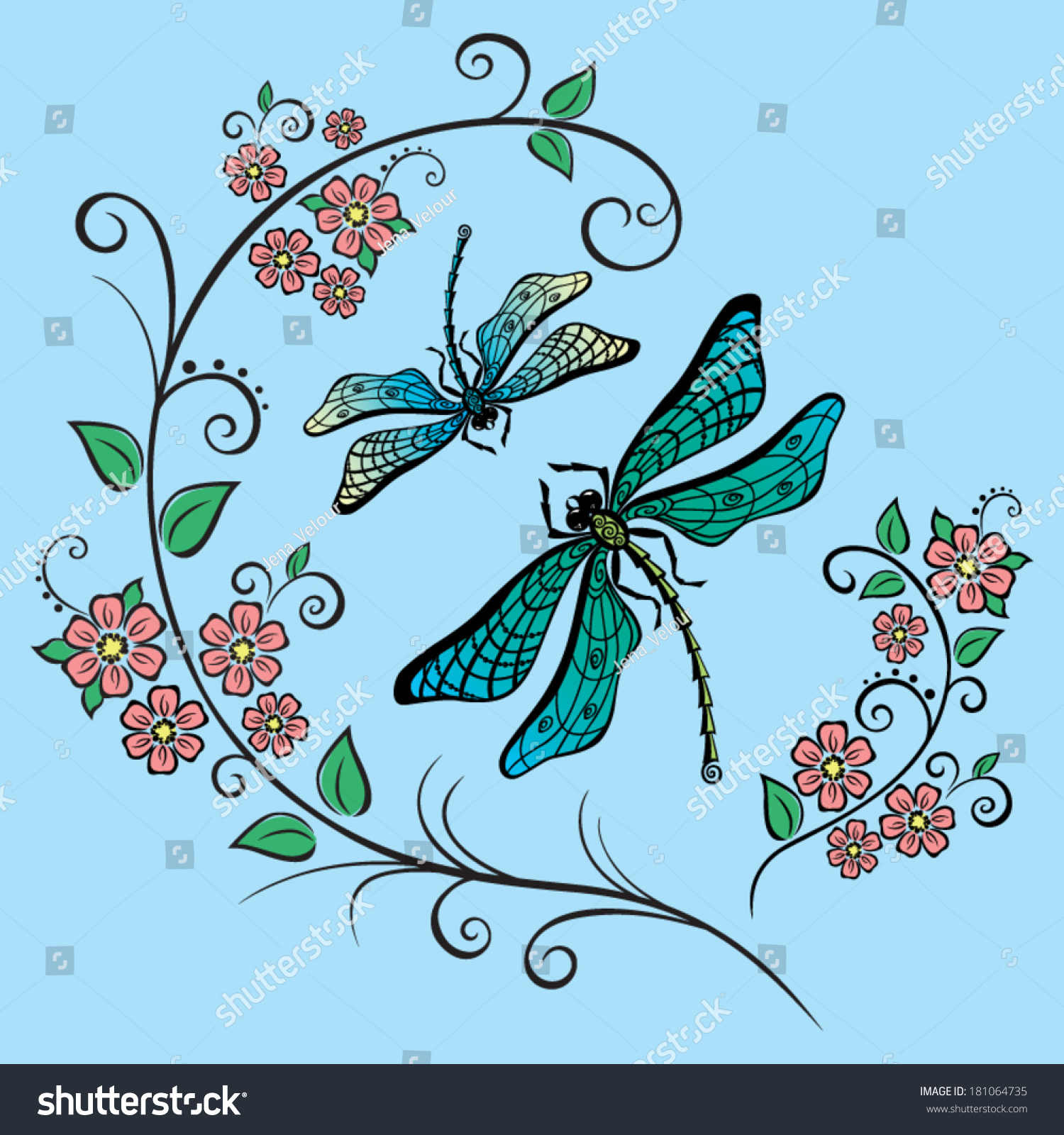 Vector Illustration With Flowers And Dragonflies - 181064735 : Shutterstock