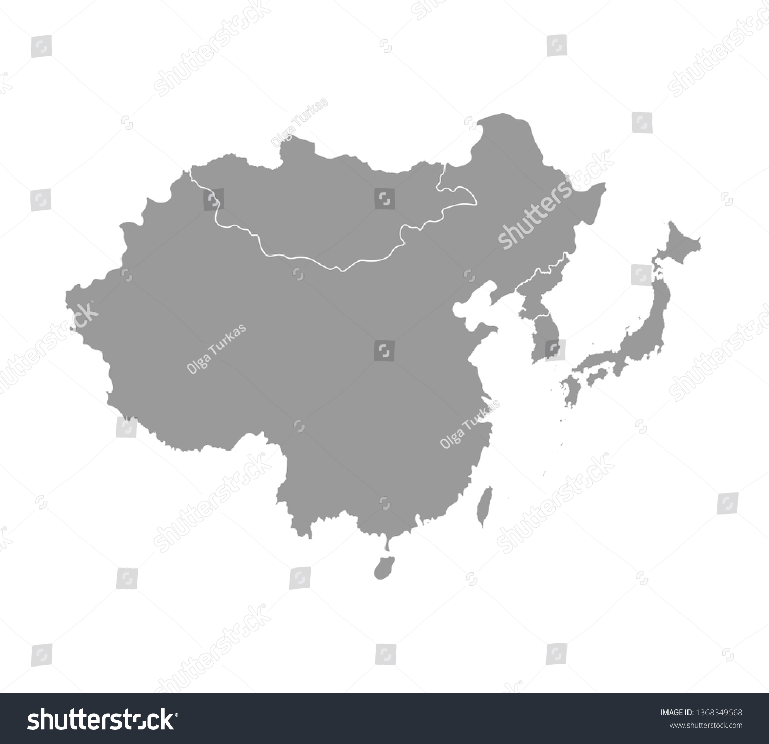 アジアの国の地図が簡略化されたベクターイラスト 東の地域 中国 日本 韓国 北朝鮮 台湾 モンゴロイアの国境 グレーのシルエット 白い背景 のベクター画像素材 ロイヤリティフリー