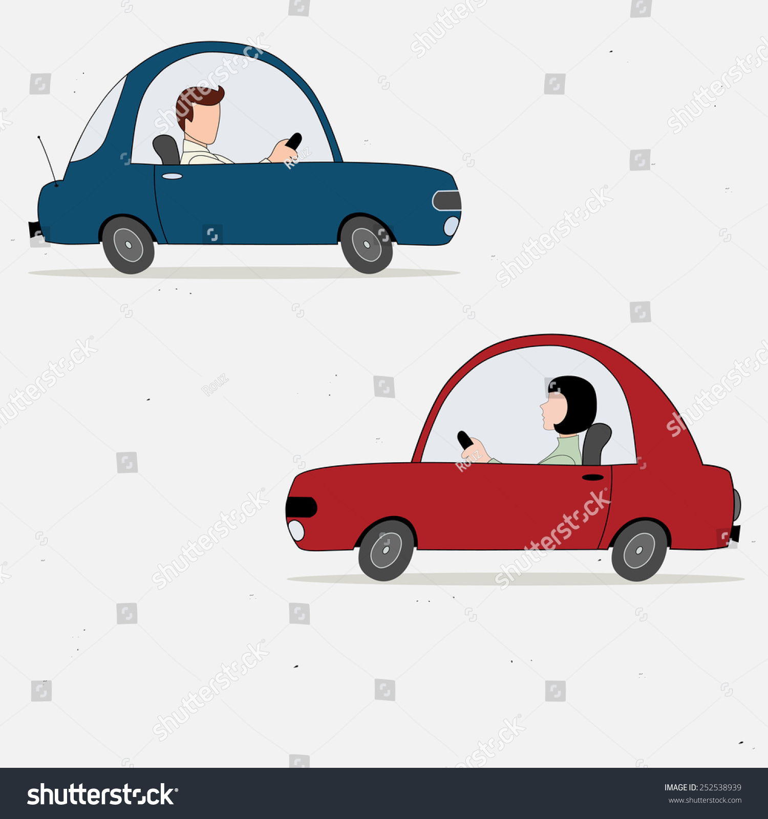 Vector Illustration With Two Cartoon Cars Drivers - 252538939