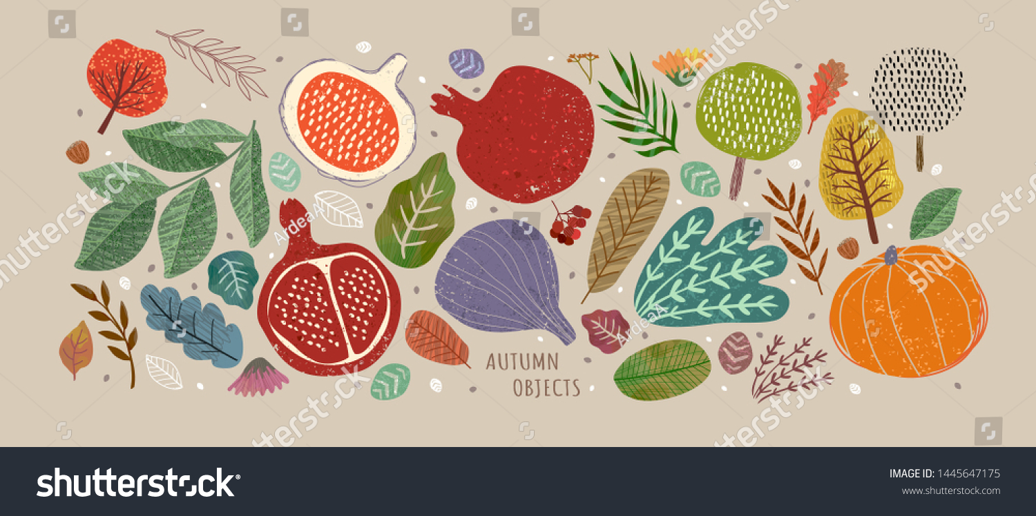 秋物のベクターイラスト 果物 野菜 収穫 木 葉 植物 カボチャ ザクロ イチジク ナッツ ポスターやカードを作るための かわいいフリーハンドの絵 のベクター画像素材 ロイヤリティフリー