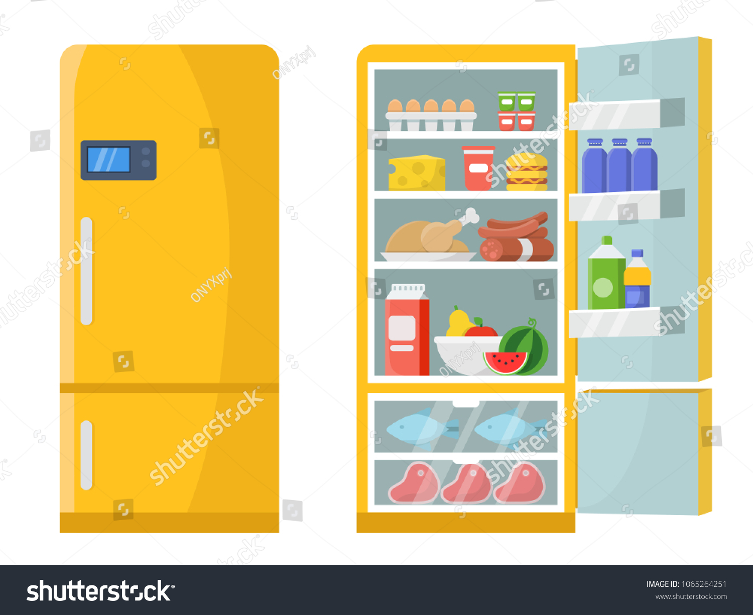 SVG of Vector illustrations of empty and closed refrigerator with different healthy food. Refrigerator kitchen, freeze meat on shelf svg