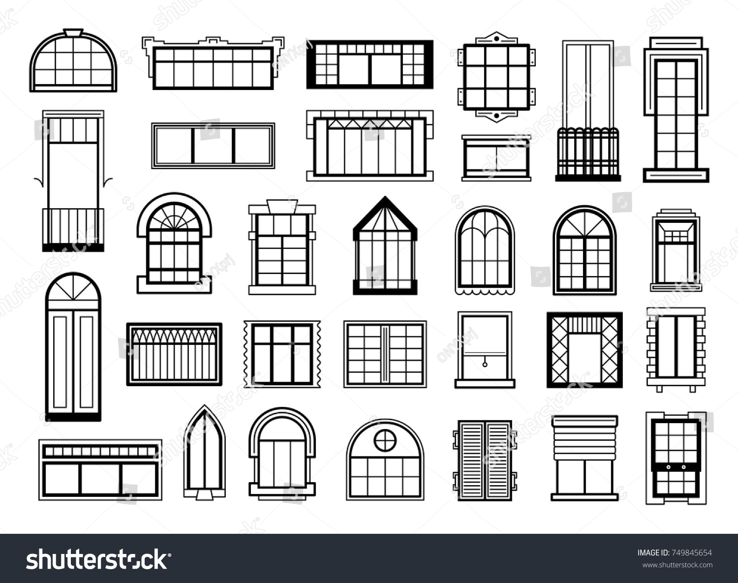 窓枠のシルエットが異なるベクターイラストセット 家や家の窓のシルエット 建築窓のクラシック建築 のベクター画像素材 ロイヤリティフリー