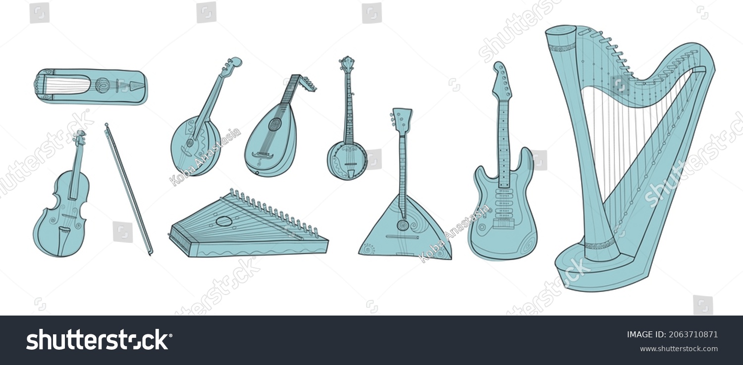 blue musical instruments, line art style clip art preview