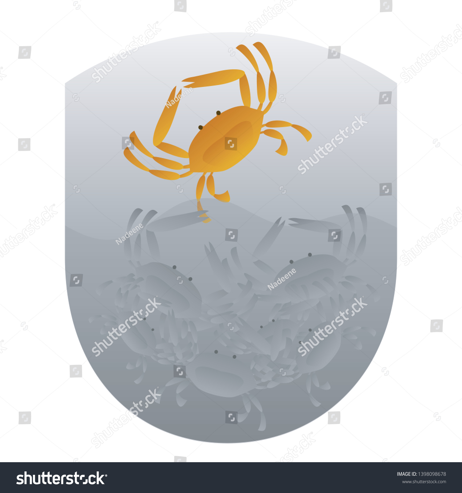 SVG of Vector image of a brown crab trying to climb out of a stylized bucket while other grey crabs are trying to stop him. Crabs in a bucket. Crab mentality concept. Behavior concept. svg