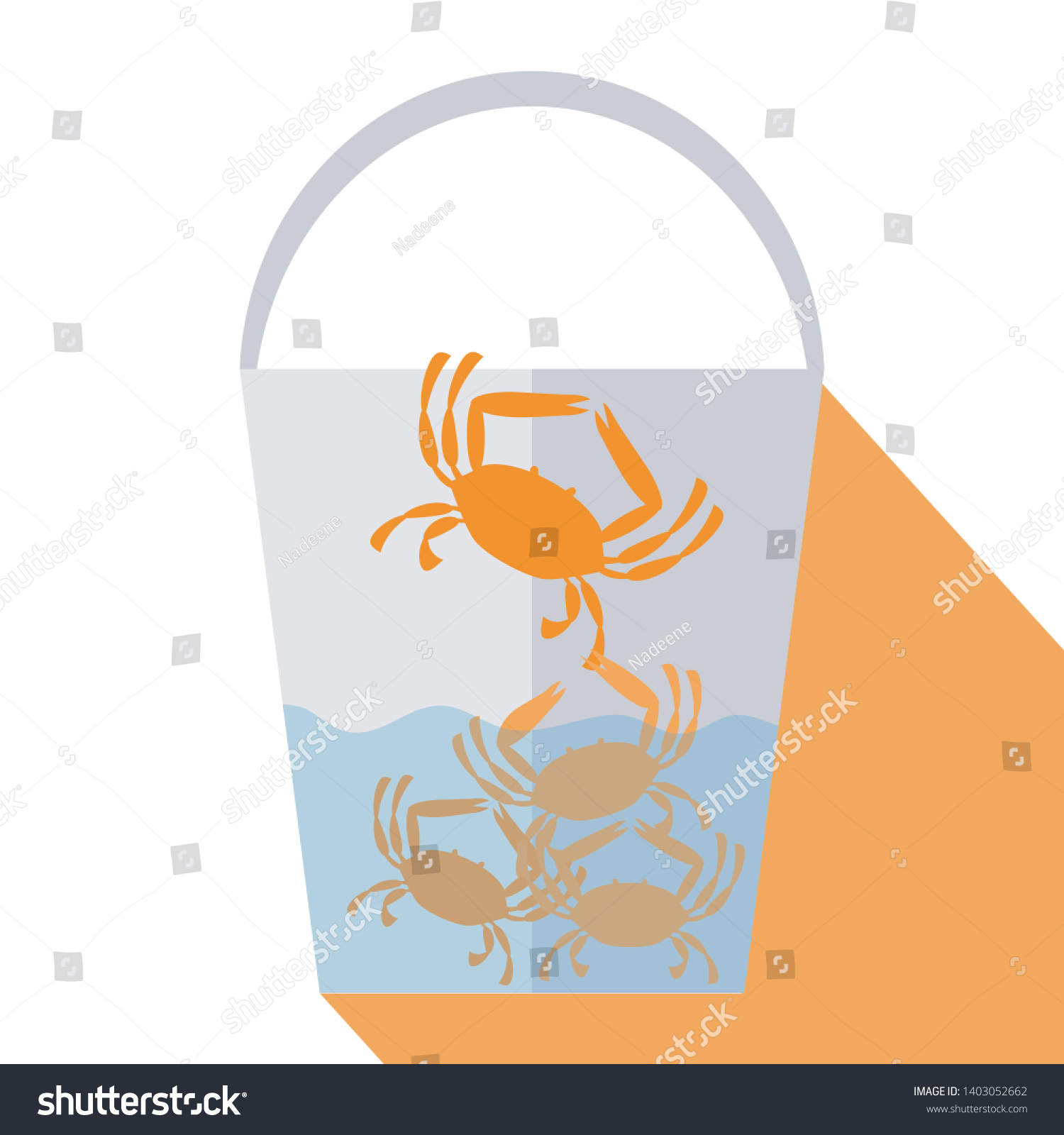 SVG of Vector image of a crab trying to climb out of a bucket while other crabs are trying to stop him. Crabs in a bucket. Crab mentality concept. Behavior concept. svg