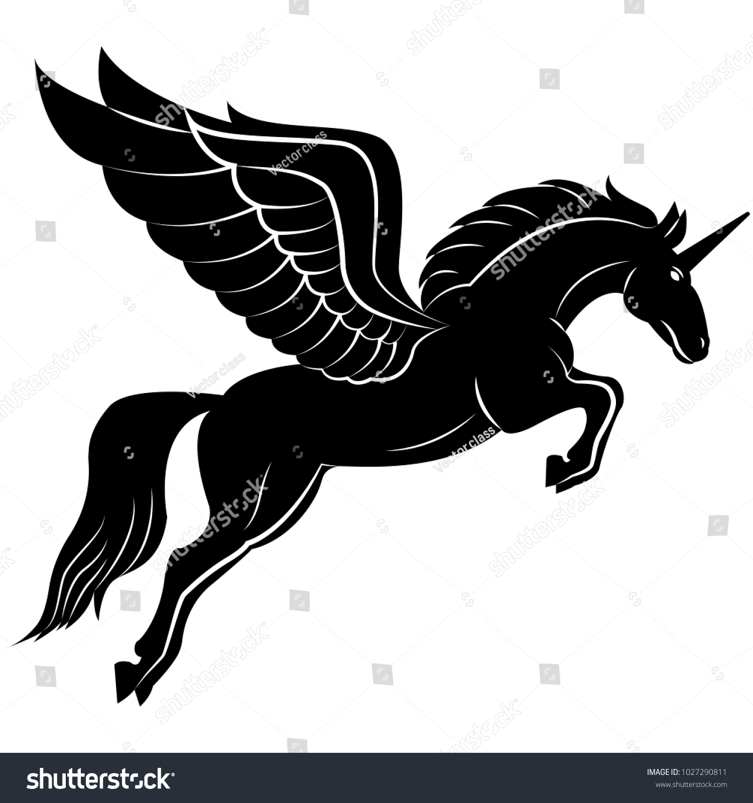 白い背景にペガサスの神話的な生き物のシルエットのベクター画像 後脚に羽を持つ馬 のベクター画像素材 ロイヤリティフリー