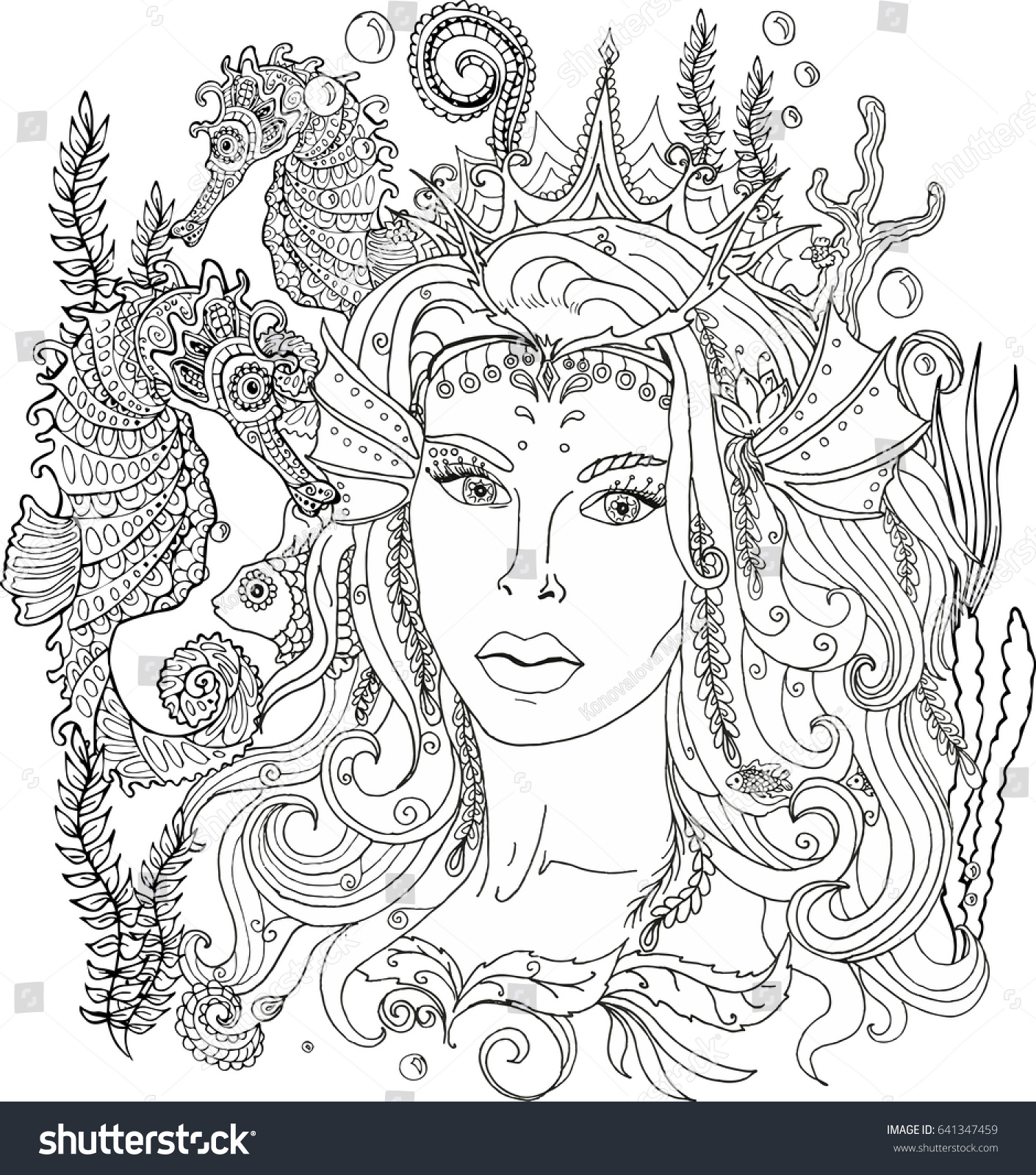 Vector Image Coloring Pages Adults Mermaid Stock 641347459 Underwater Queen