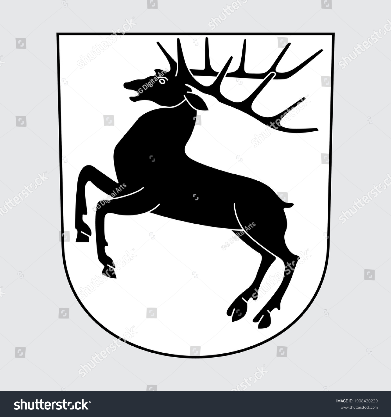 SVG of Vector image of the coat of arms of Hirzel, Zurich, Switzerland, with frame. Black and white illustration of a deer. svg