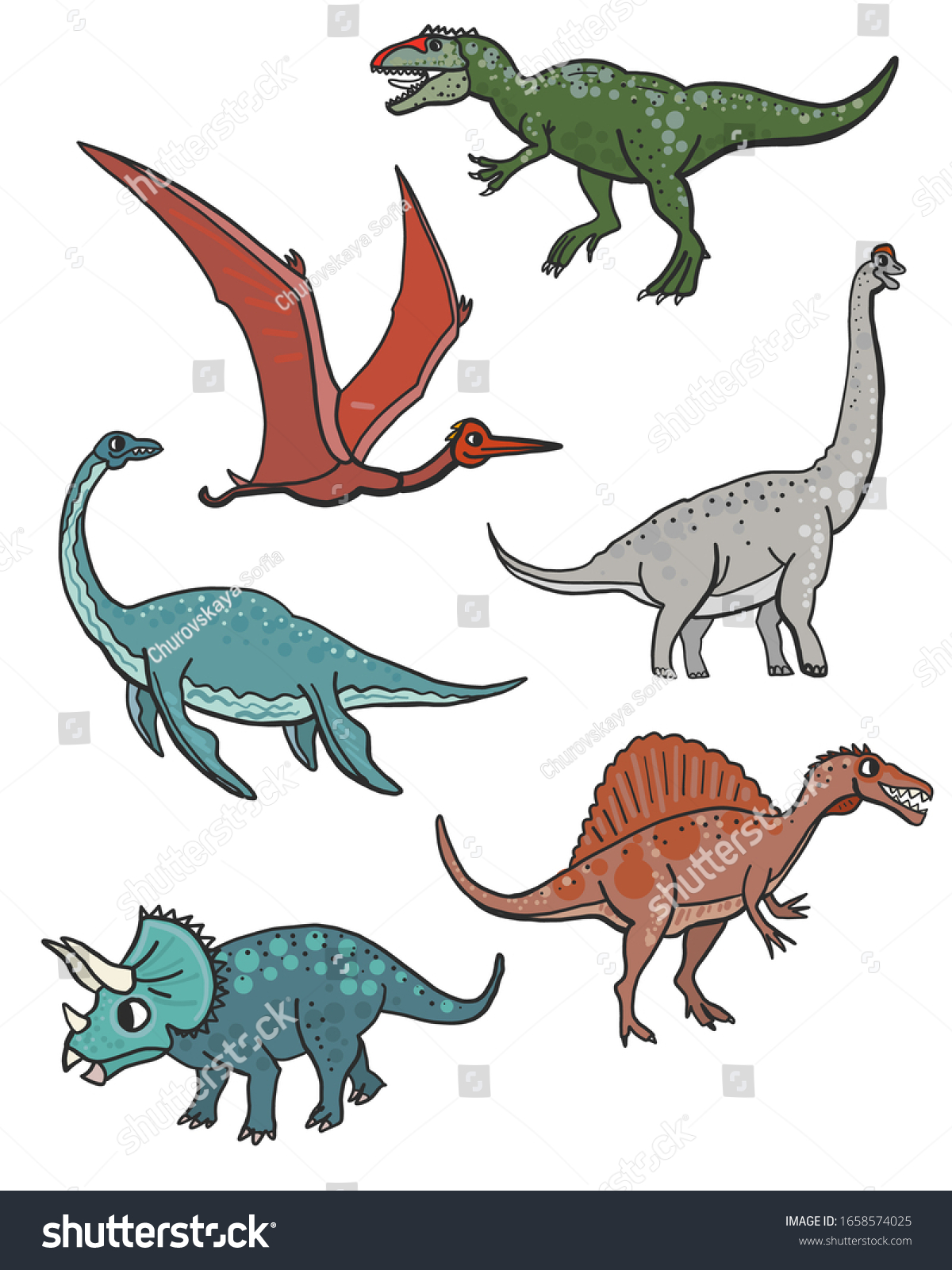 Vektor Stok Vector Image Set Stylized Dinosaurs (Tanpa Royalti ...