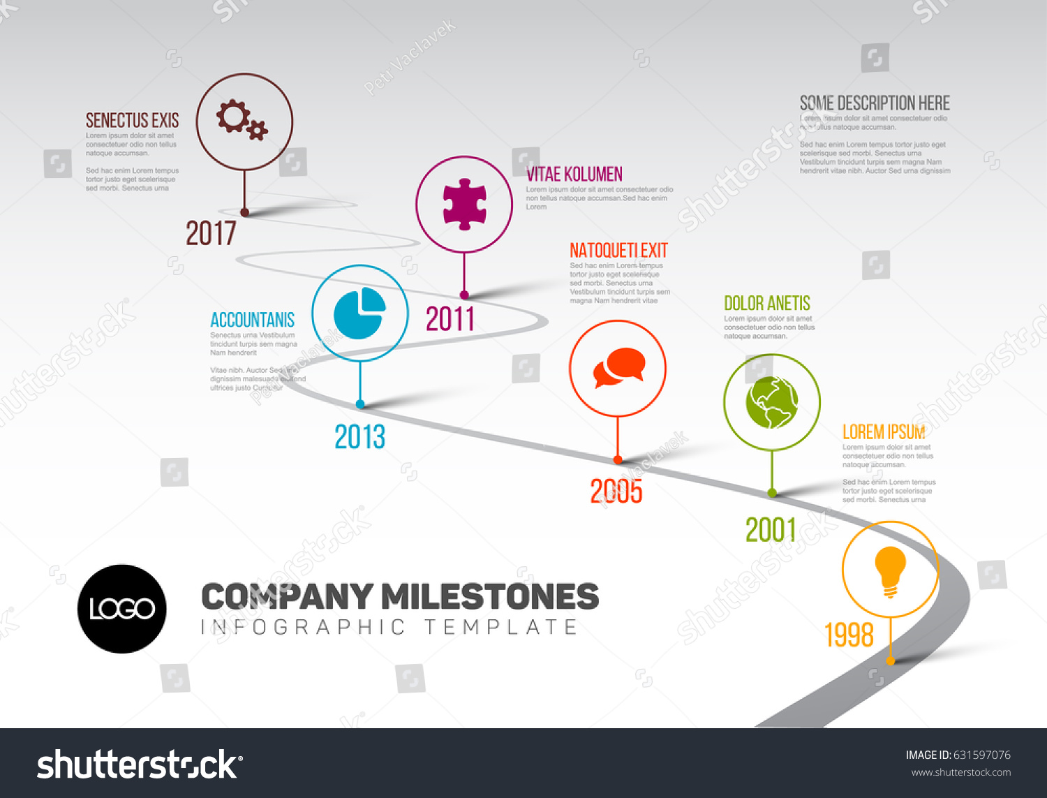 SVG of Vector Infographic Company Milestones Timeline Template with pointers on a curved road line svg
