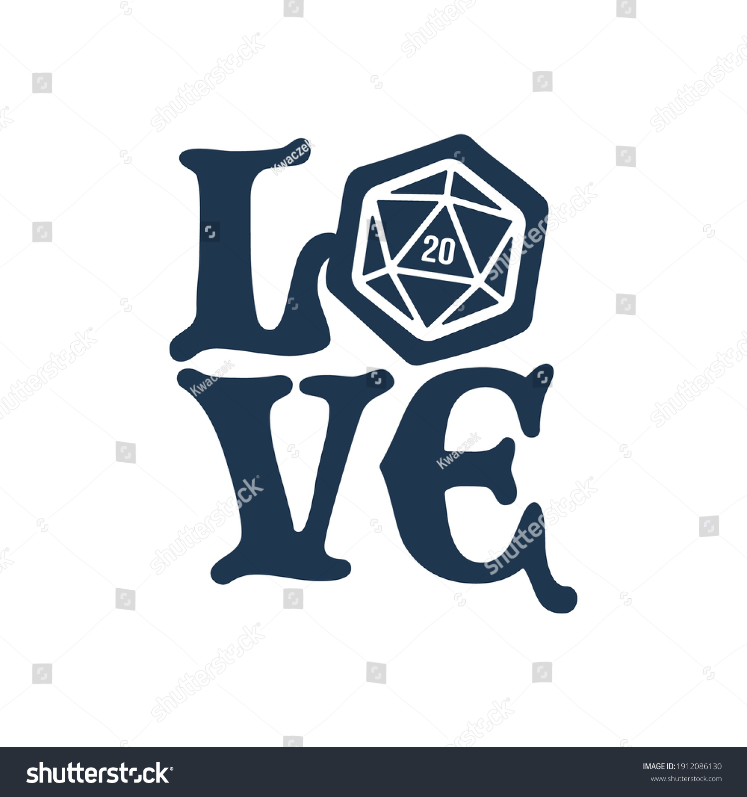 SVG of Vector inscription Love with 20 sided dice. Board games. Isolated on white background. svg