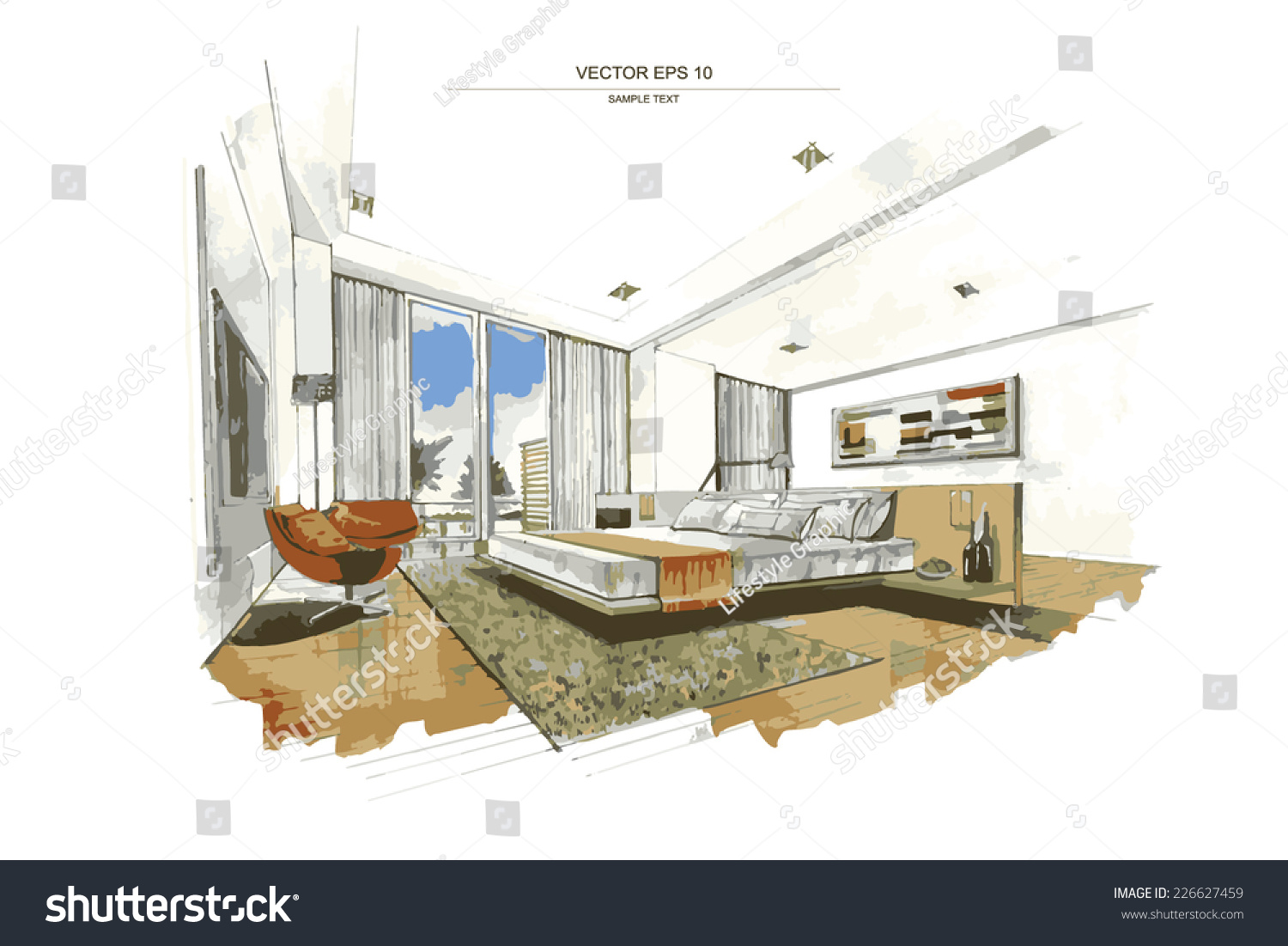 Download Vector Interior Sketch Design Bedroom Watercolor Stock Vector 226627459 - Shutterstock