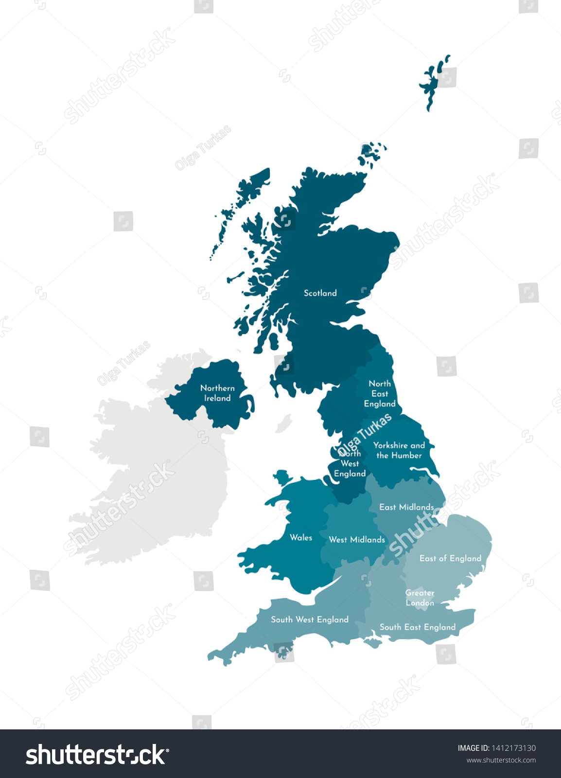 SVG of Vector isolated illustration of simplified administrative map of the United Kingdom of Great Britain and Northern Ireland. Borders and names of the regions. Colorful blue khaki silhouettes svg