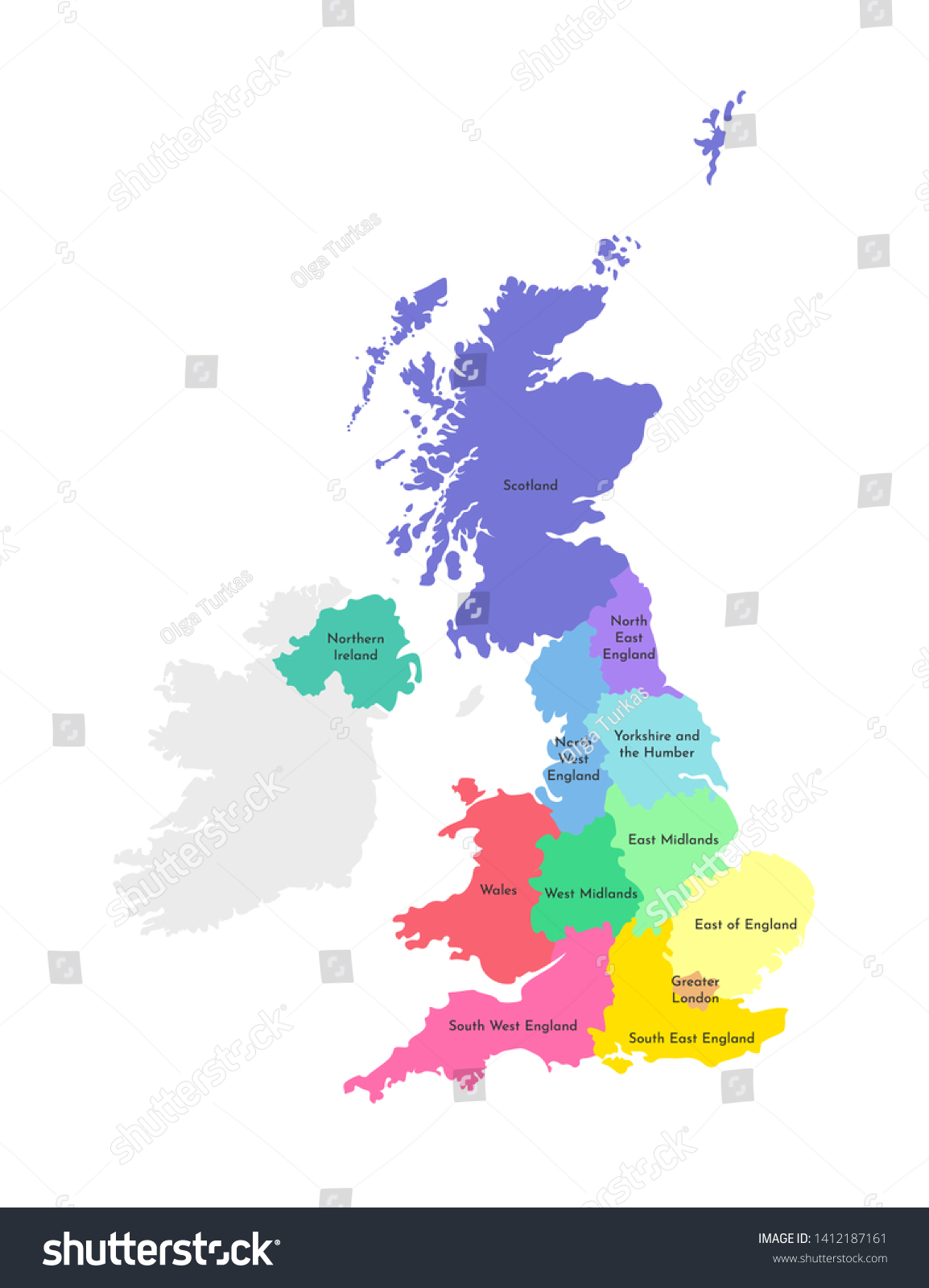 SVG of Vector isolated illustration of simplified administrative map of the United Kingdom of Great Britain and Northern Ireland. Borders and names of the regions. Multi colored silhouettes svg