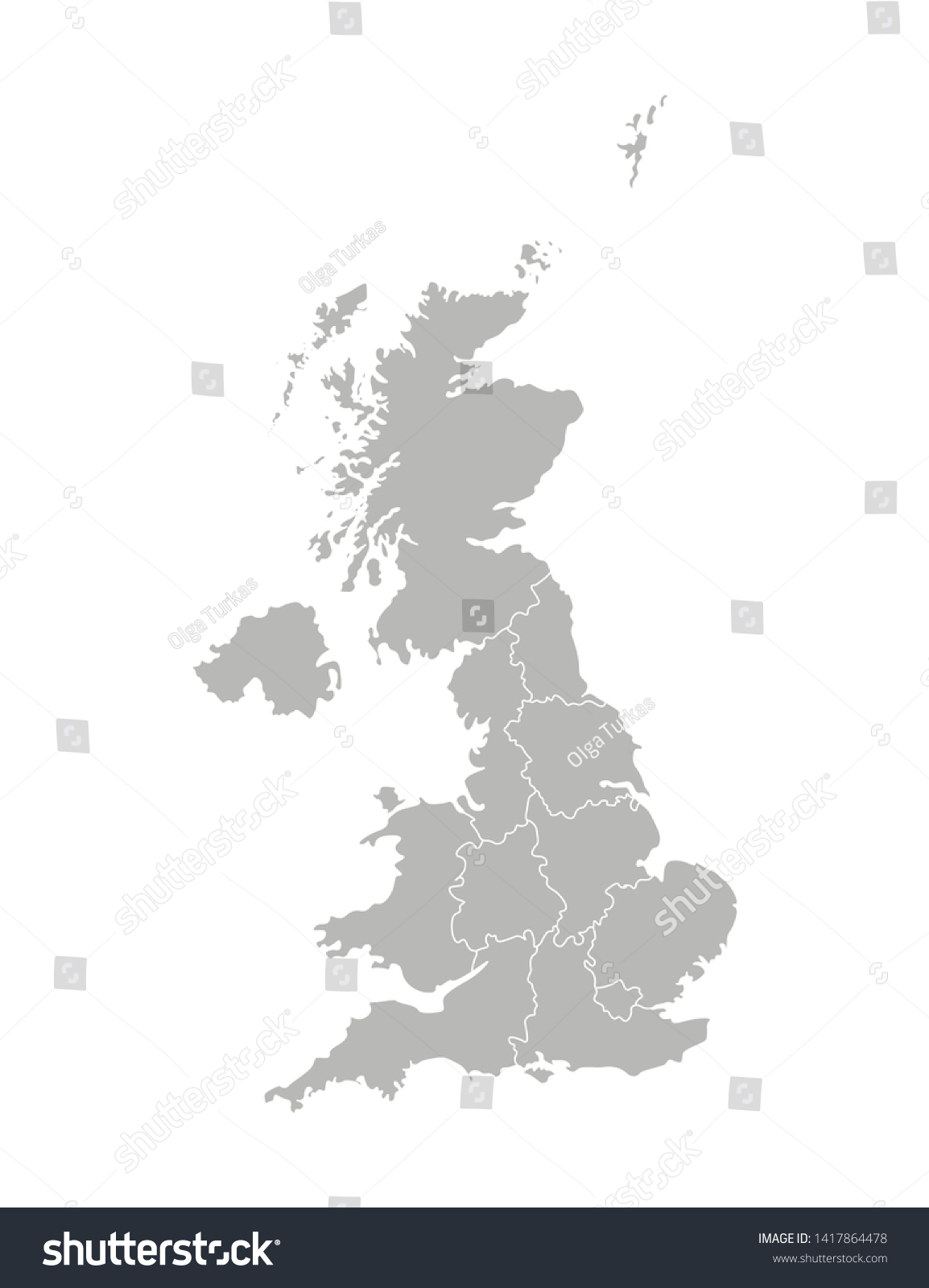 SVG of Vector isolated illustration of simplified administrative map of the United Kingdom of Great Britain and Northern Ireland. Borders of the provinces regions. Grey silhouettes. White outline svg