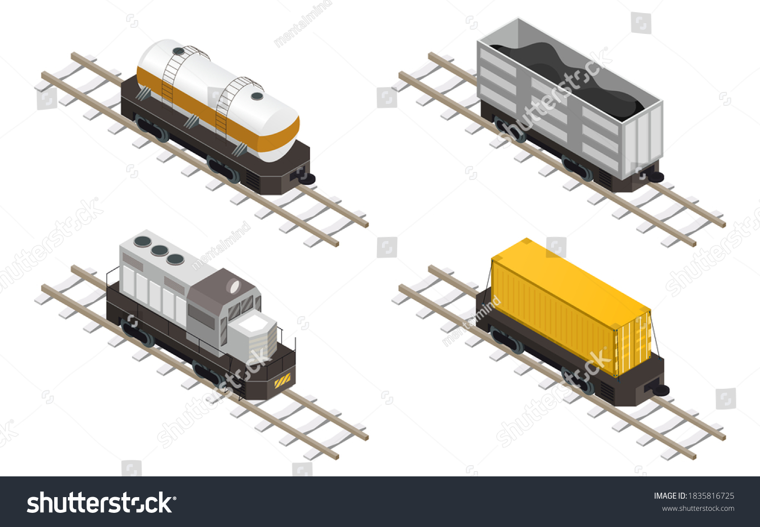 SVG of Vector isometric illustration depicting various types of freight wagons. 3d vector illustration with objects isolated on white. svg