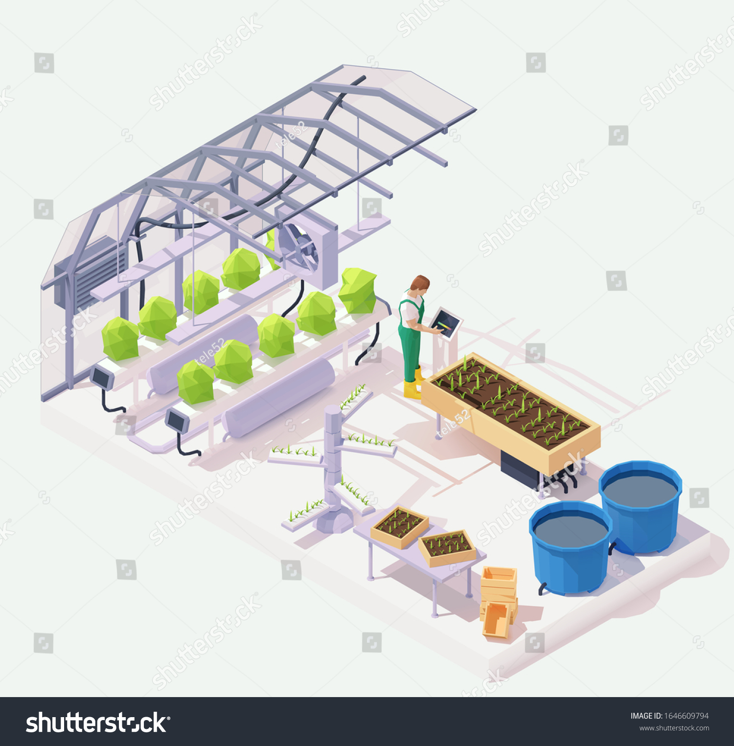 SVG of Vector isometric modern agricultural greenhouse cross-section illustration. Hydroponics and aeroponics process of growing plants, smart garden beds, pond, farmer operating smart greenhouse system svg