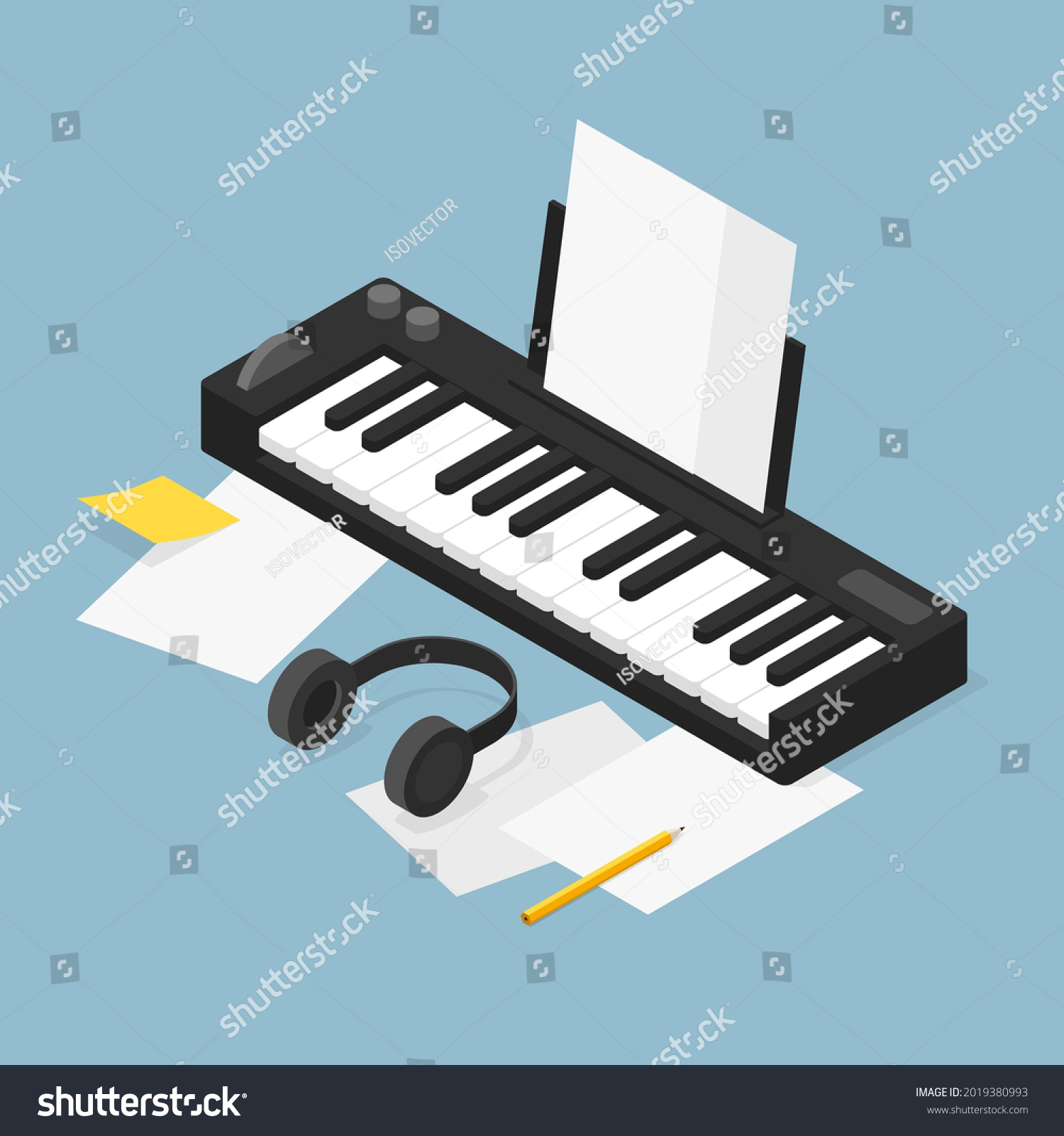 SVG of Vector isometric music production illustration. Music production equipment - piano with headphones and papers. Music composer concept. svg
