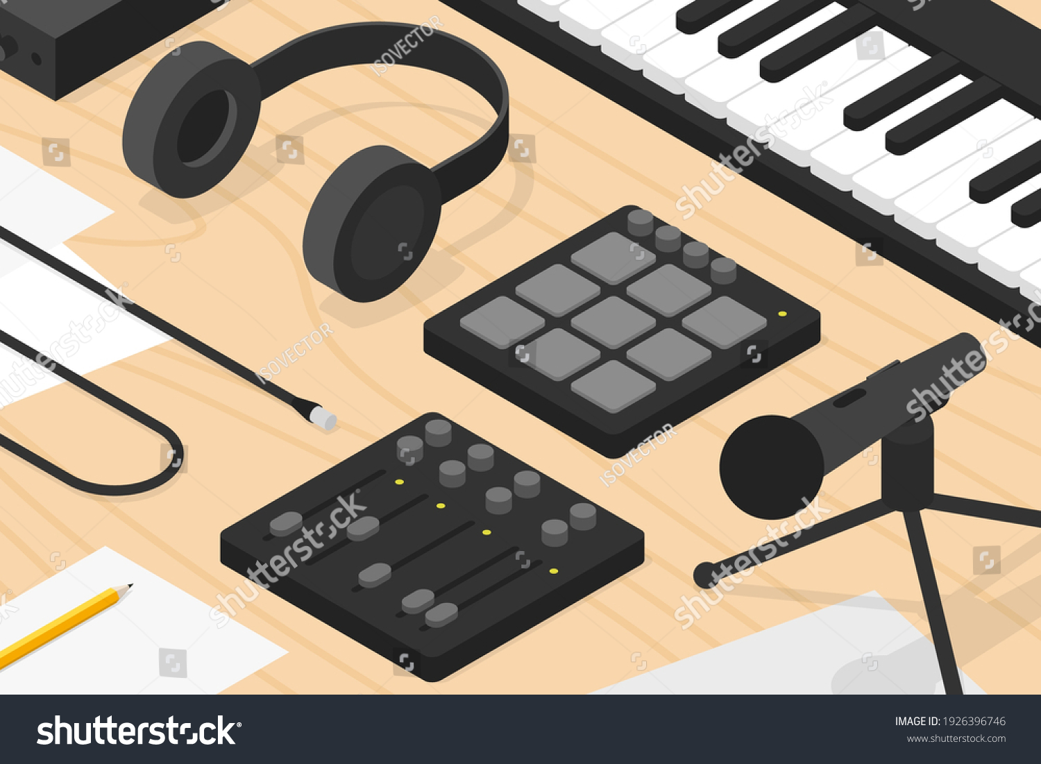 SVG of Vector isometric sound production illustration. Sound production equipment - vocal microphone with table stand, headphones, mixer, keyboard, paper, cable, pencil. svg