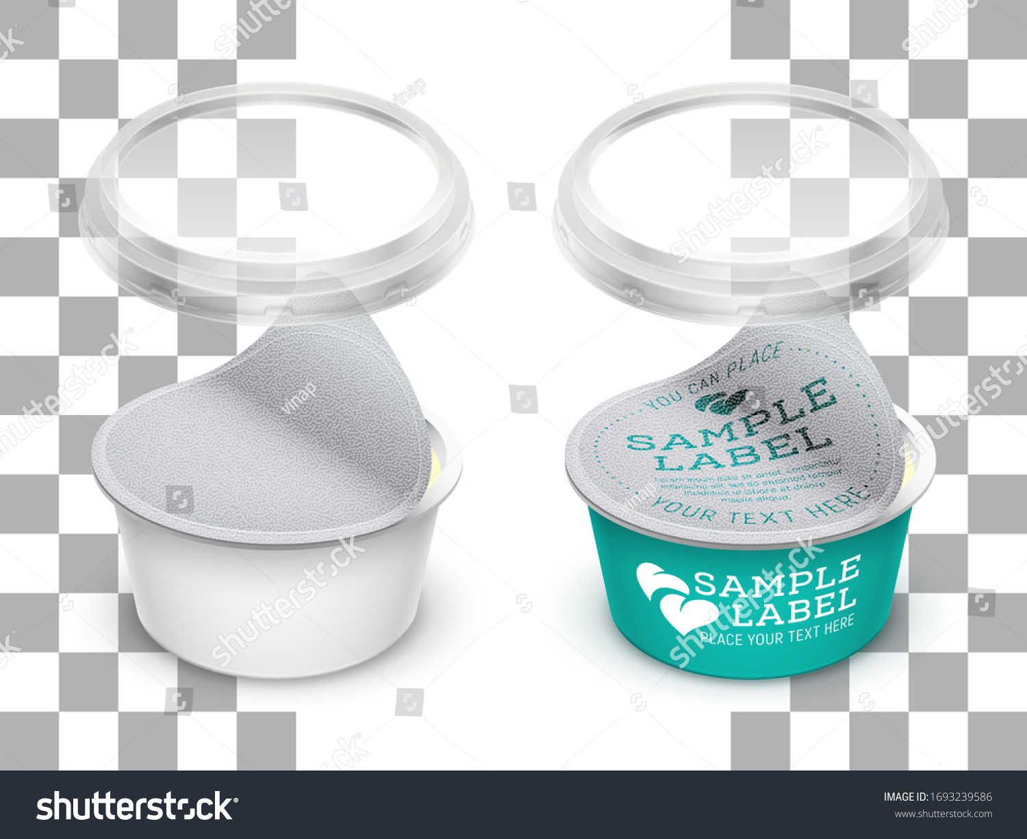 SVG of Vector labeled round plastic container with opened foil, transparent lid and butter, melted cheese or cosmetics within. Packaging mockup illustration. svg